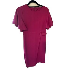 Women’s Magenta Sheath Work Dress Medium Flutter Sleeve